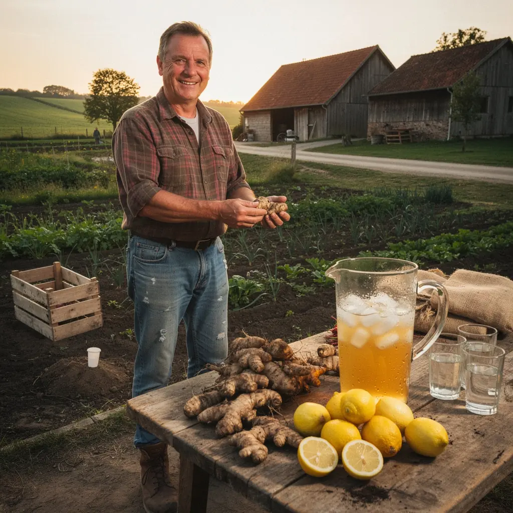 Tasse de thé au citron et au gingembre fumant sur une table en bois.