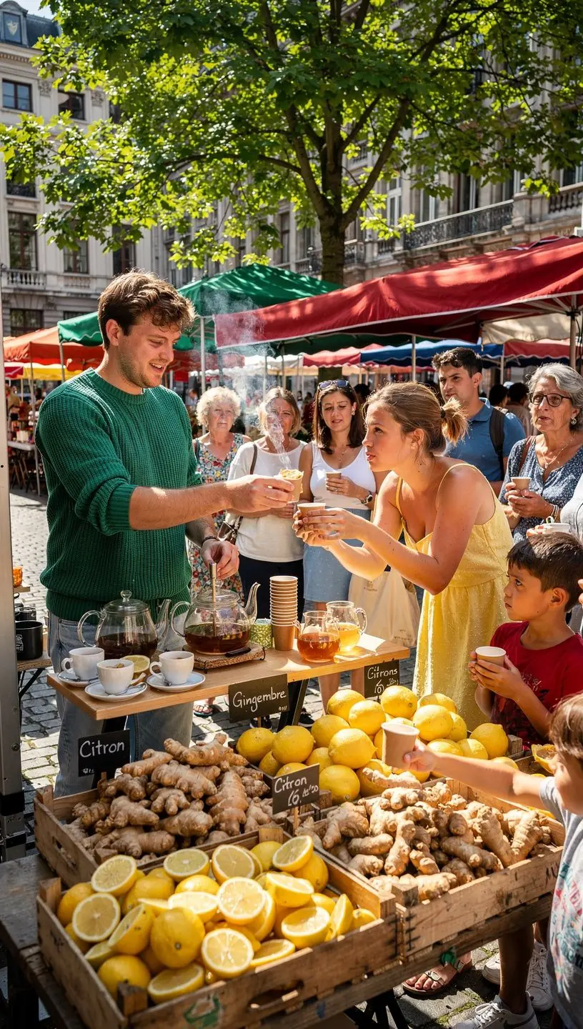 Moment de dégustation d'une tasse de thé citron-gingembre, ambiance chaleureuse.